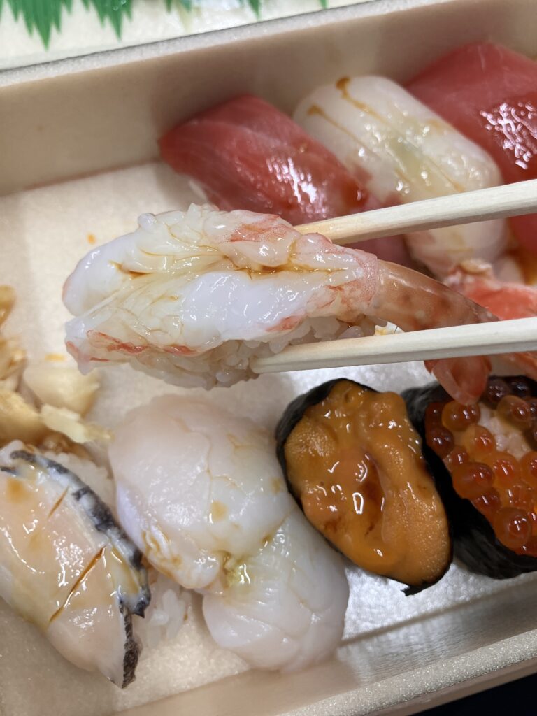 Shrimp in Umai Sushikan’s bento from Sendai