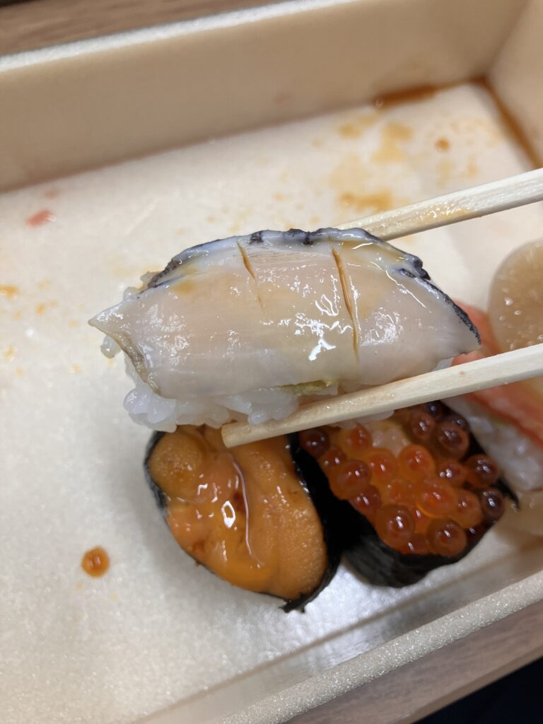 Abalone in Umai Sushikan’s bento from Sendai